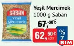 SABAN YEŞİL MERCİMEK 1000 G fiyat ve kampanya bilgisi